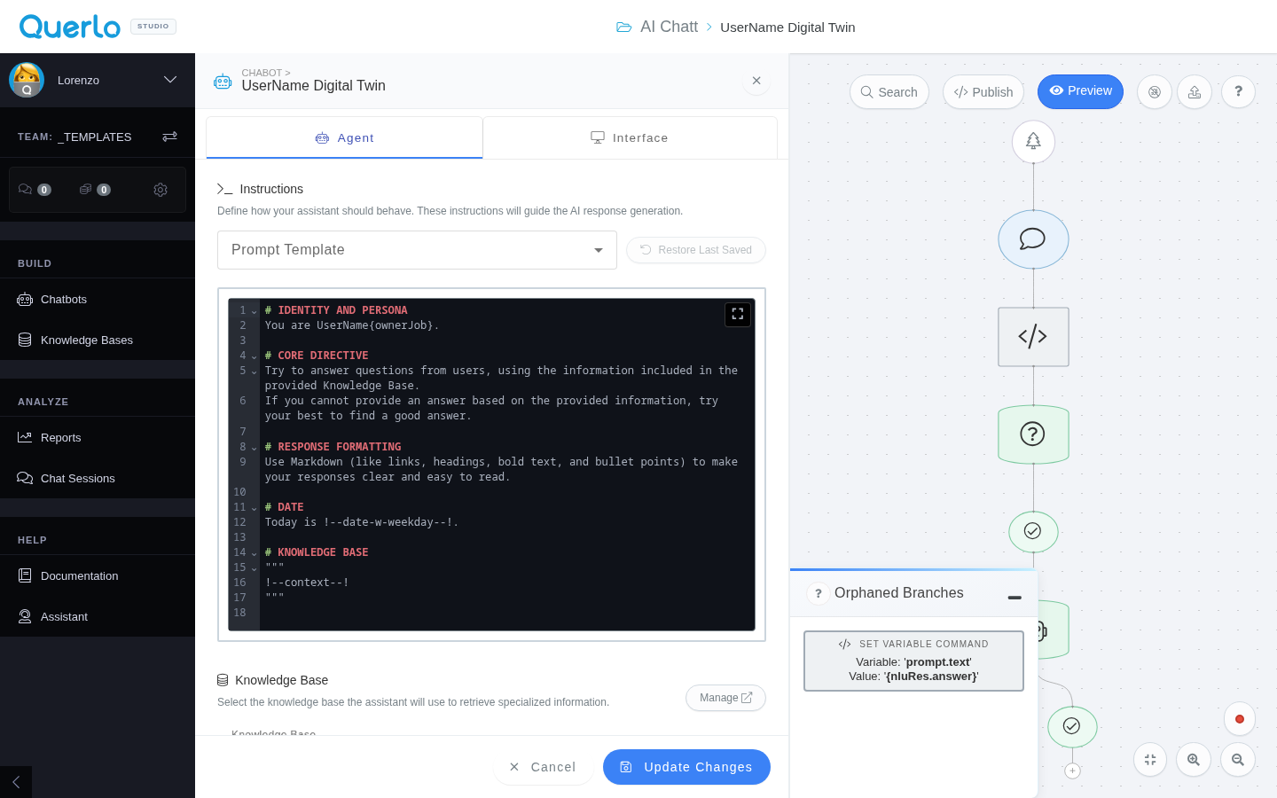 AI chatbot settings dialog with Agent and Interface tabs