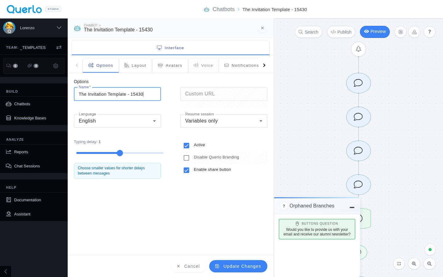 Non-AI chatbot settings dialog with Interface tab