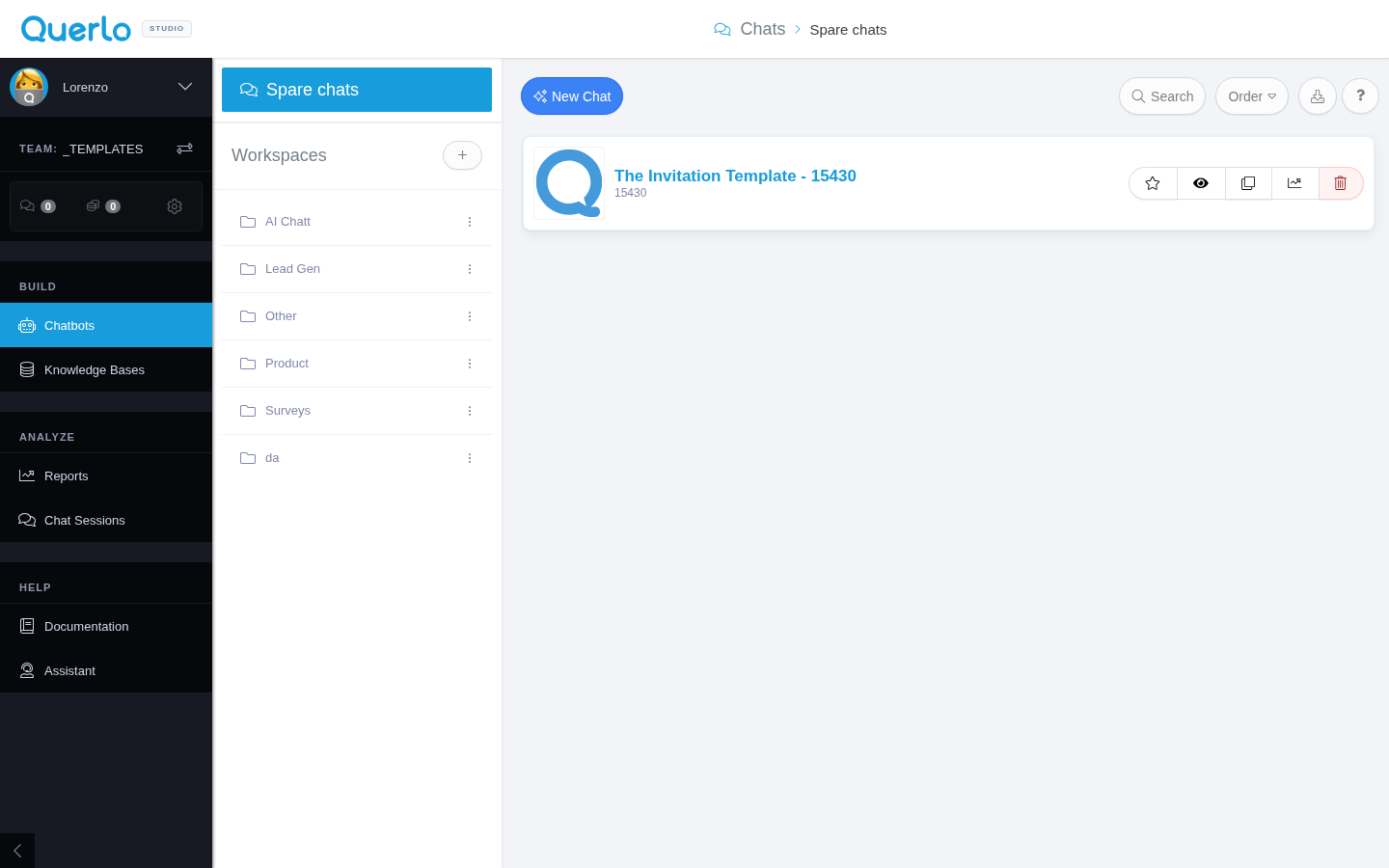 Querlo Studio Chatbots dashboard showing the list of chatbots