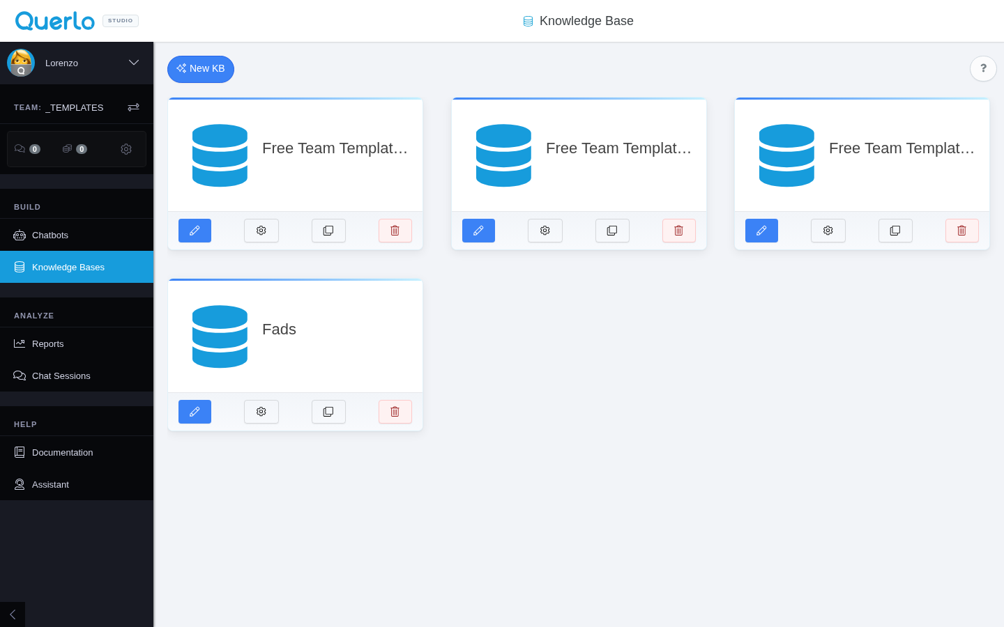 Querlo Studio Knowledge Bases dashboard showing existing databases