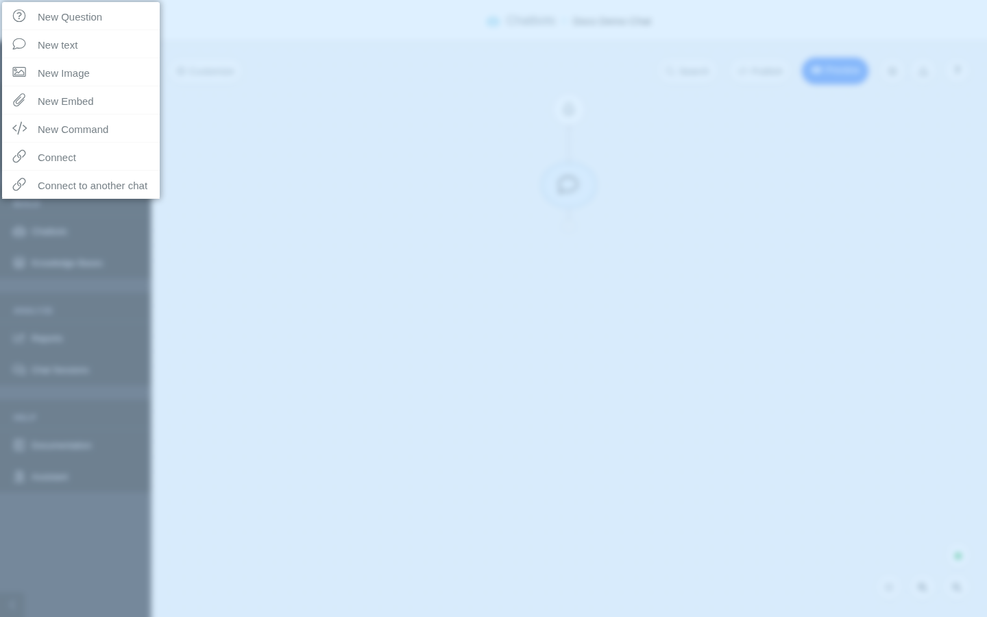 Node additions context menu showing New Question, New Text, New Image, New Embed, New Command, Connect